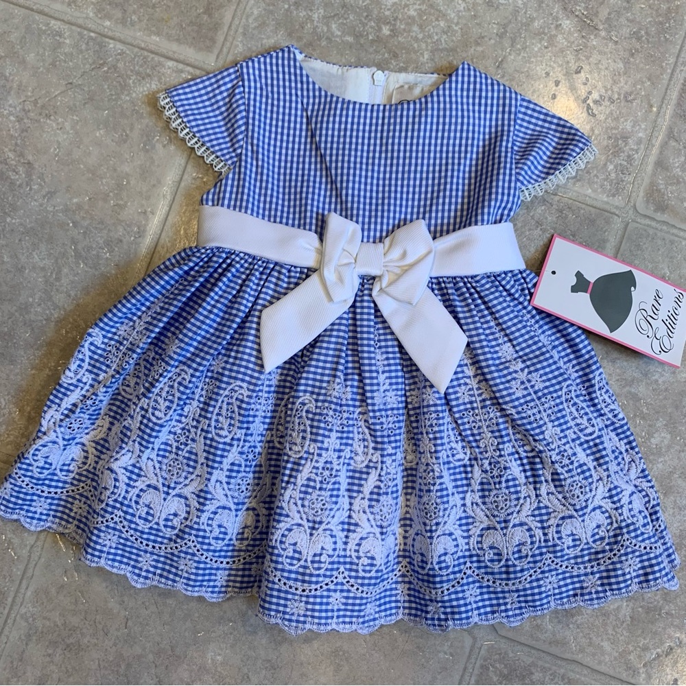 Baby Girl Blue and White Gingham Dress with Floral Embroidery and Bow, 3-6M